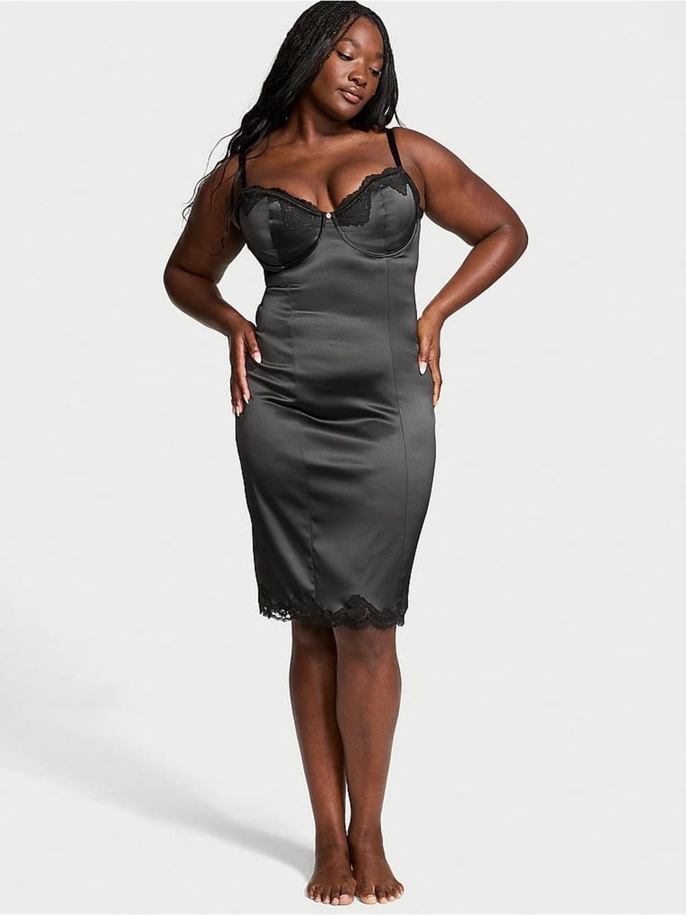 Victoria Secret Satin Lace Trim Slip Dress - Black